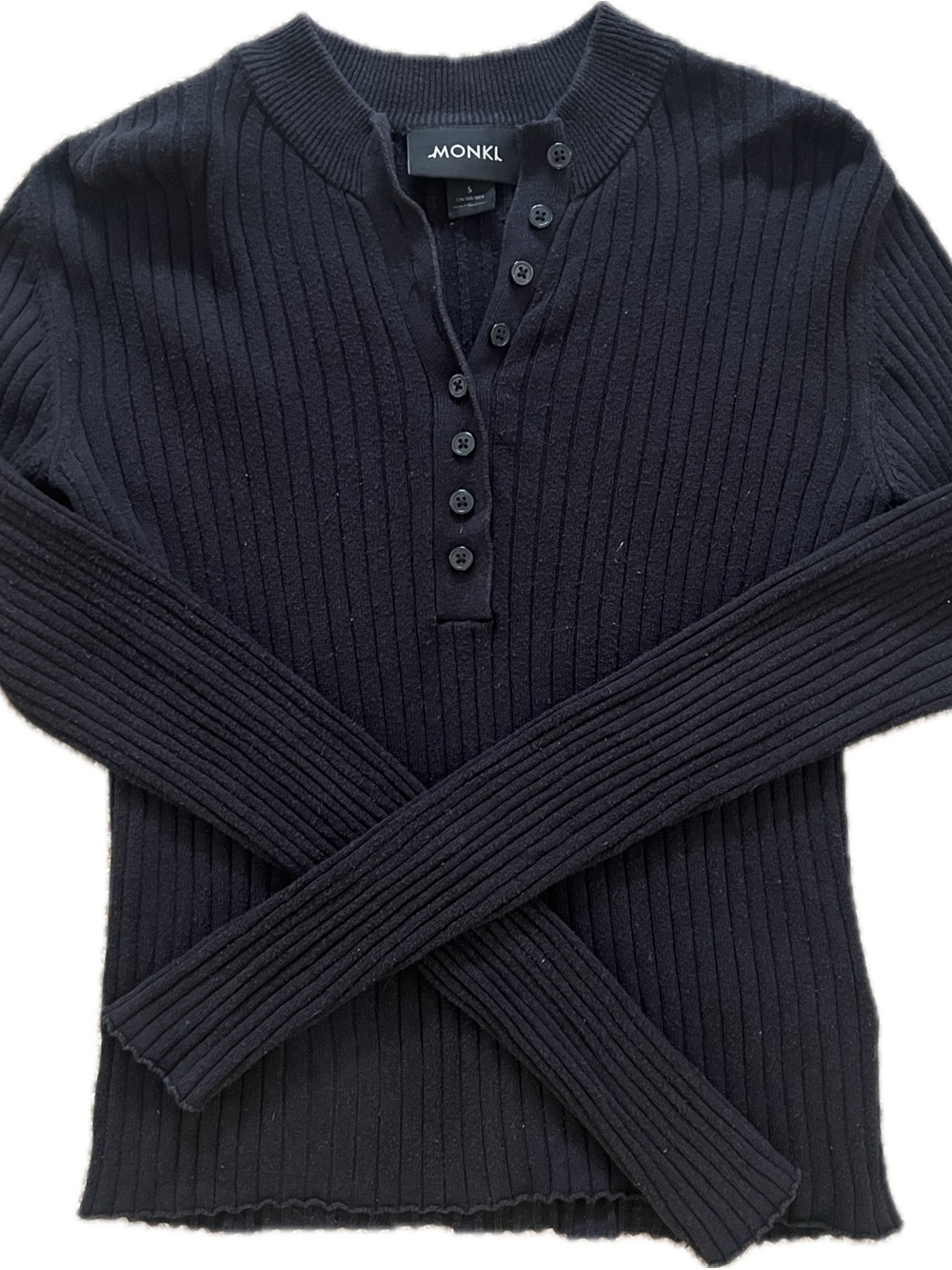 Monki Black Ribbed Henley Crewneck Top